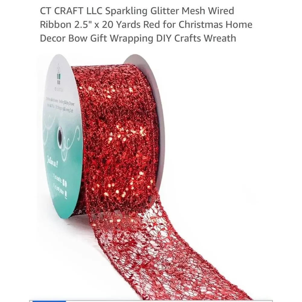 Red Glitter Mesh Wired Ribbon 2.5 inch x 20 Yds Christmas Decor Gift Wreath Bows